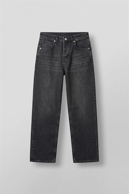 Erkek Baggy Yıkamalı Düz Paça Jean Pantolon Siyah