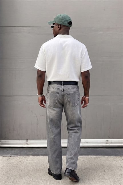 Erkek Baggy Yıkamalı Düz Paça Jean Pantolon Açık Gri
