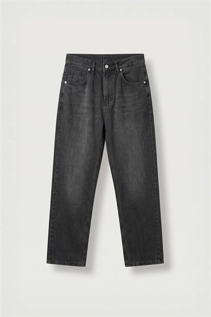 Erkek Baggy Yıkamalı Düz Paça Jean Pantolon Siyah