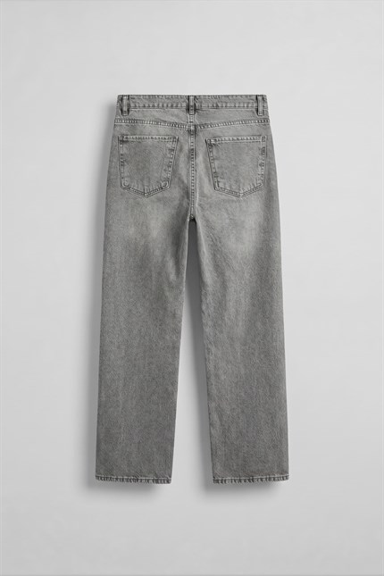 Erkek Baggy Yıkamalı Düz Paça Jean Pantolon Açık Gri