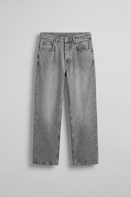 Erkek Baggy Yıkamalı Düz Paça Jean Pantolon Açık Gri