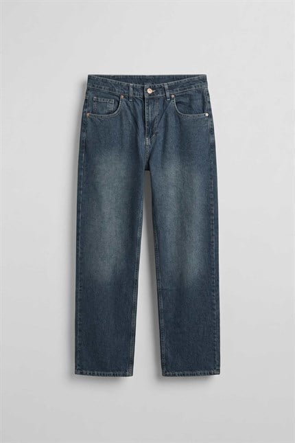 Erkek Baggy Yıkamalı Jean Pantolon Lacivert