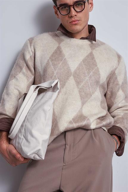 Erkek Baklava Desenli Oversıze Kazak Bej