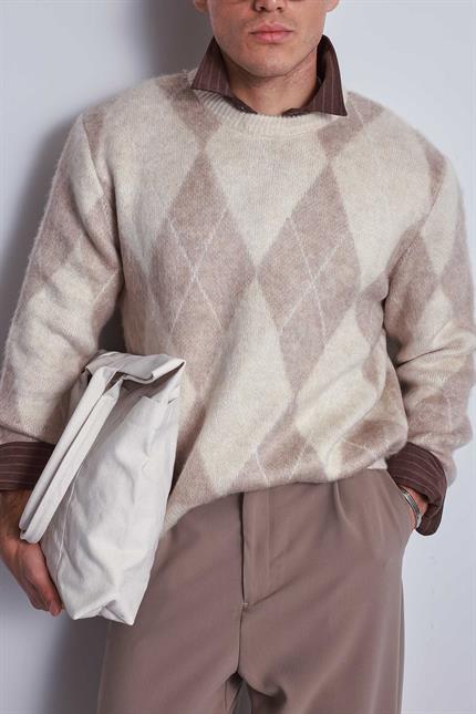 Erkek Baklava Desenli Oversıze Kazak Bej