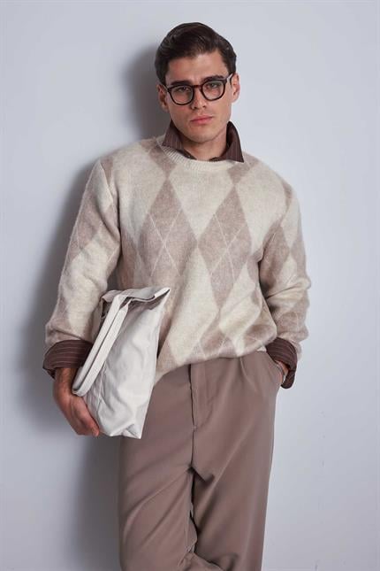 Erkek Baklava Desenli Oversıze Kazak Bej