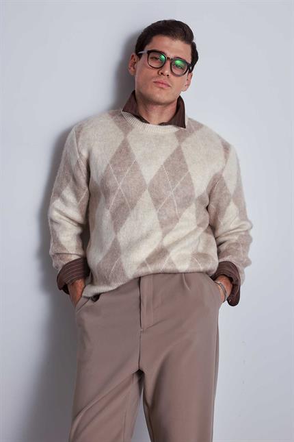 Erkek Baklava Desenli Oversıze Kazak Bej