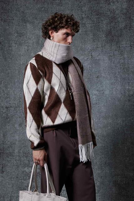 Erkek Baklava Desenli Oversıze Kazak Kahverengi