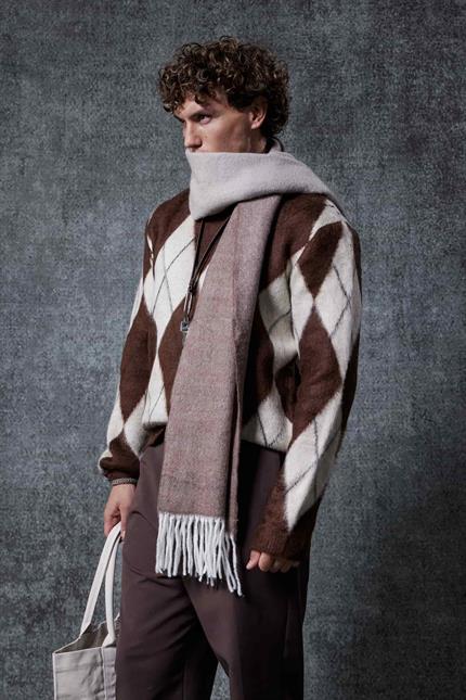 Erkek Baklava Desenli Oversıze Kazak Kahverengi