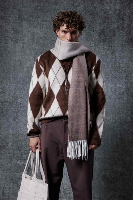 Erkek Baklava Desenli Oversıze Kazak Kahverengi