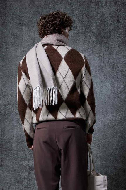 Erkek Baklava Desenli Oversıze Kazak Kahverengi