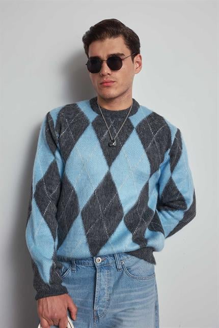 Erkek Baklava Desenli Oversıze Kazak Mavi