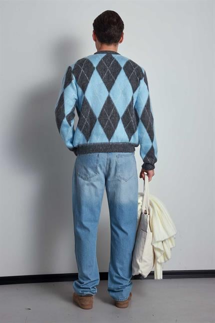 Erkek Baklava Desenli Oversıze Kazak Mavi