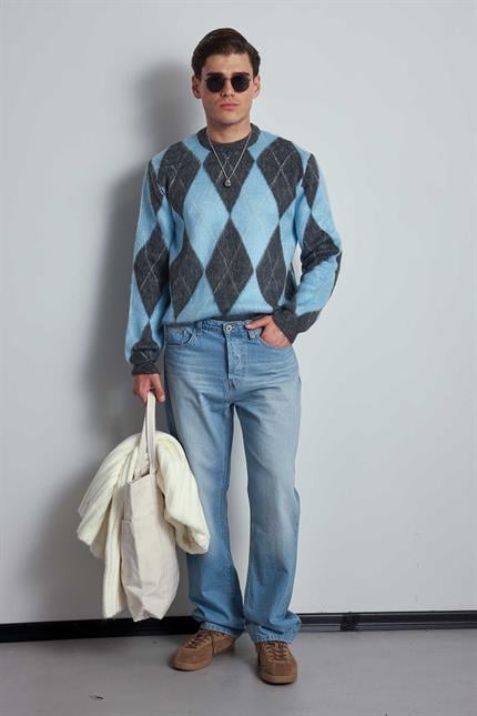 Erkek Baklava Desenli Oversıze Kazak Mavi