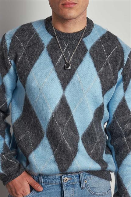 Erkek Baklava Desenli Oversıze Kazak Mavi