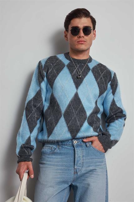 Erkek Baklava Desenli Oversıze Kazak Mavi