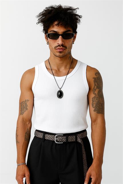 Erkek Basic Fitilli Kumaş Atlet Beyaz