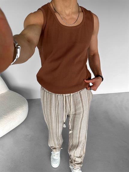 Erkek Basic Fitilli Kumaş Sporcu Atlet Kahverengi