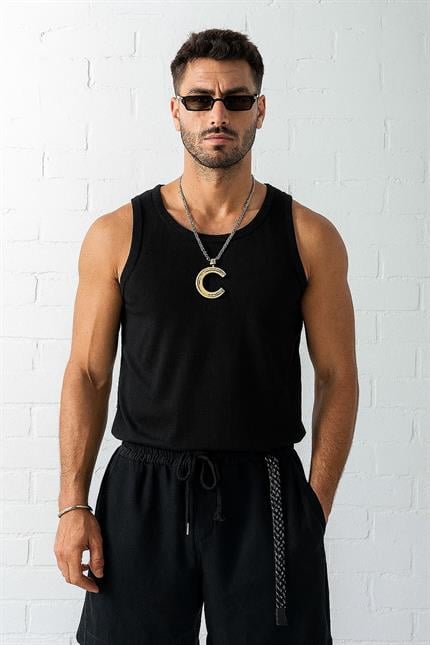 Erkek Basic Fitilli Kumaş Atlet Siyah