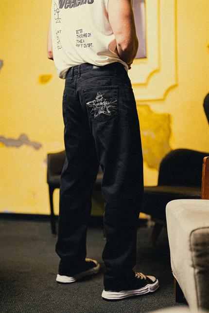 Erkek Baskılı Baggy Jean Pantolon Siyah