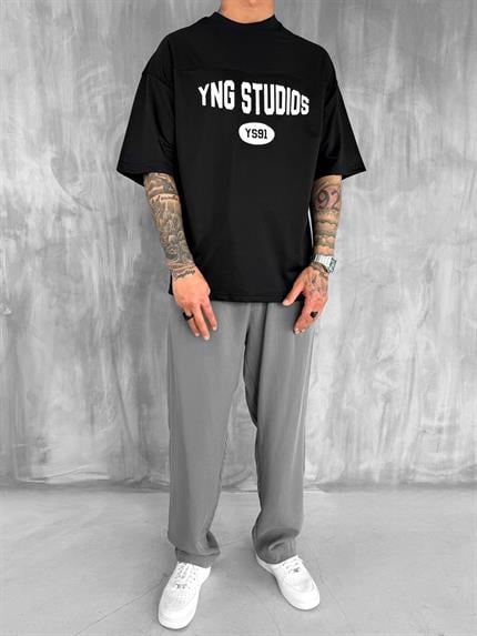 Erkek Baskılı Oversize Forma Kumaş T-Shirt Siyah