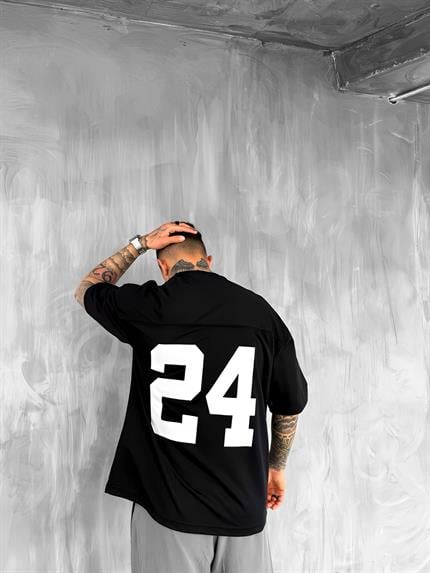 Erkek Baskılı Oversize Forma Kumaş T-Shirt Siyah