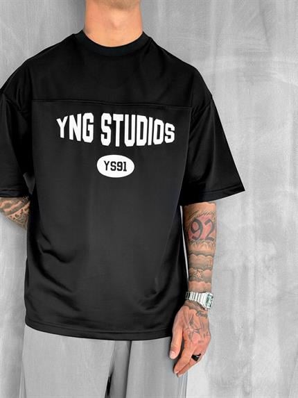 Erkek Baskılı Oversize Forma Kumaş T-Shirt Siyah