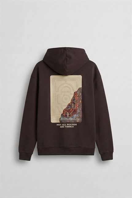 Erkek Baskılı Oversize Premium Kumaş Hoodie Kahverengi