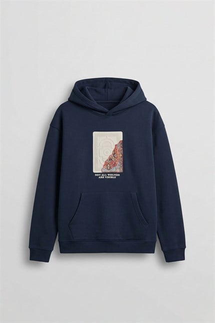 Erkek Baskılı Oversize Premium Kumaş Hoodie Lacivert