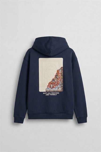 Erkek Baskılı Oversize Premium Kumaş Hoodie Lacivert