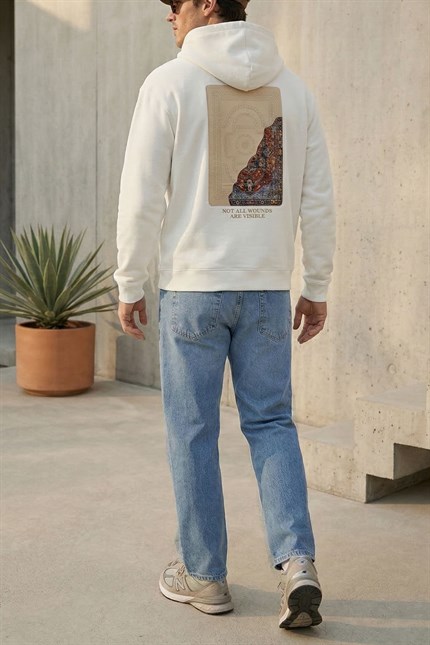 Erkek Baskılı Oversize Premium Kumaş Hoodie Beyaz