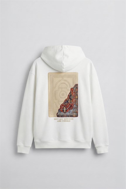 Erkek Baskılı Oversize Premium Kumaş Hoodie Beyaz