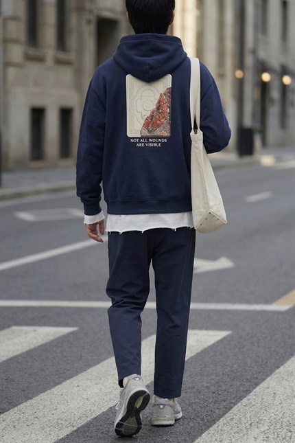Erkek Baskılı Oversize Premium Kumaş Hoodie Lacivert