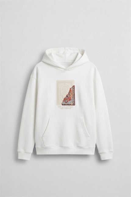 Erkek Baskılı Oversize Premium Kumaş Hoodie Beyaz