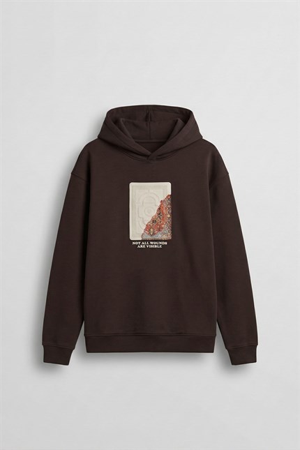 Erkek Baskılı Oversize Premium Kumaş Hoodie Kahverengi