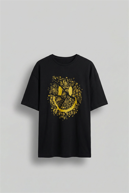 Erkek Baskılı Oversize T-Shirt Siyah