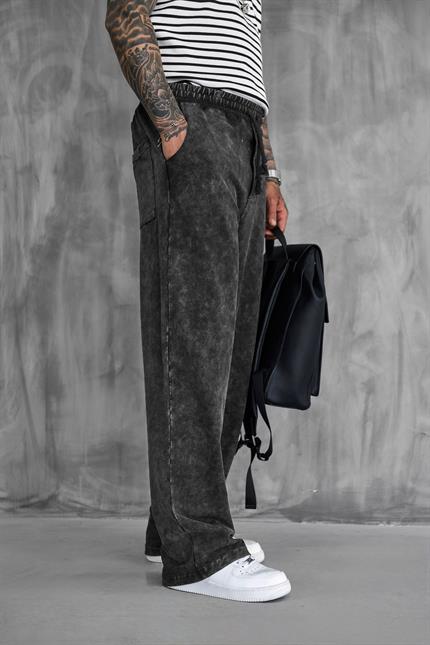 Erkek Baskılı Yıkamalı Baggy Fit Eşofman Siyah