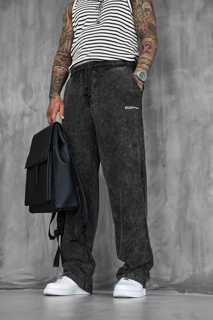 Erkek Baskılı Yıkamalı Baggy Fit Eşofman Siyah
