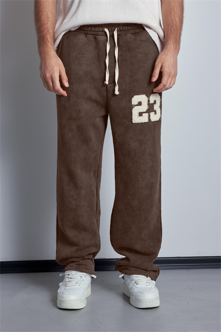 Erkek Baskılı Yıkamalı Baggy Fit Eşofman Kahverengi