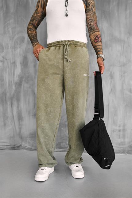 Erkek Baskılı Yıkamalı Baggy Fit Eşofman Haki