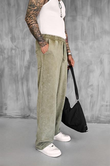 Erkek Baskılı Yıkamalı Baggy Fit Eşofman Haki