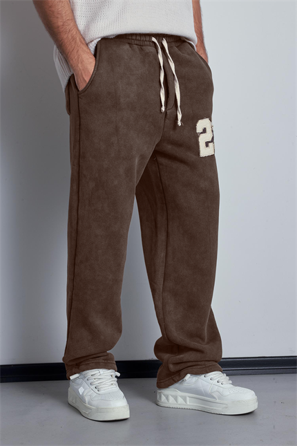 Erkek Baskılı Yıkamalı Baggy Fit Eşofman Kahverengi