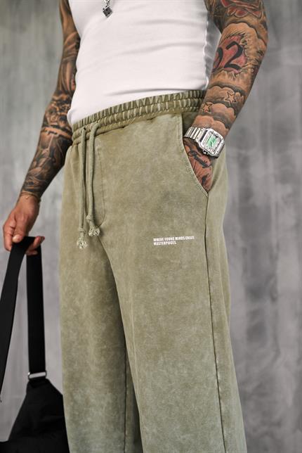 Erkek Baskılı Yıkamalı Baggy Fit Eşofman Haki