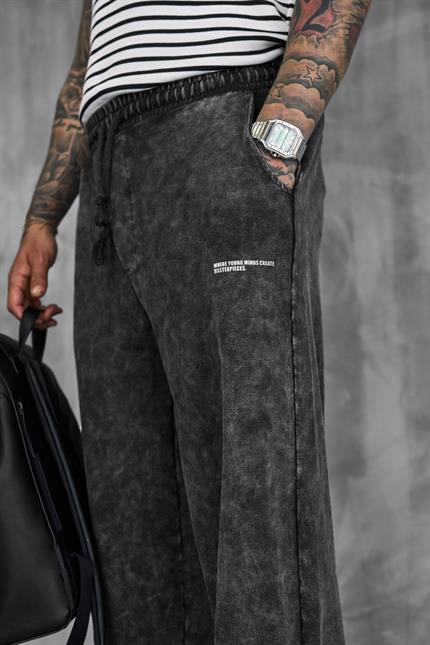Erkek Baskılı Yıkamalı Baggy Fit Eşofman Siyah