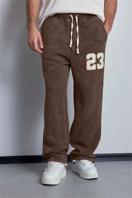 Erkek Baskılı Yıkamalı Baggy Fit Eşofman Kahverengi