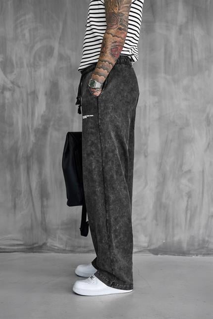 Erkek Baskılı Yıkamalı Baggy Fit Eşofman Siyah
