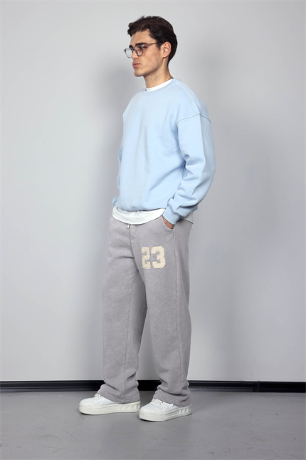 Erkek Baskılı Yıkamalı Baggy Fit Eşofman Gri