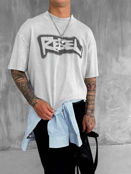 Erkek Baskılı Yıkamalı Premium Oversize T-Shirt Gri
