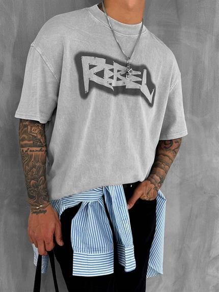 Erkek Baskılı Yıkamalı Premium Oversize T-Shirt Gri
