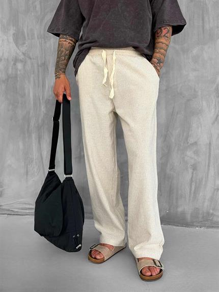 Erkek Beli Lastikli Çizgili Baggy Fit Pantolon Bej