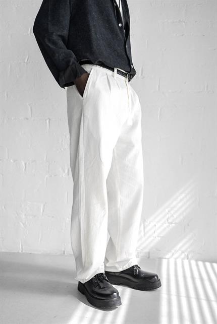 Erkek Beli Lastikli Desenli Baggy Pantolon Beyaz